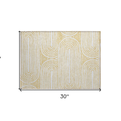 2' X 3' Gold and White Abstract Washable Non Skid Indoor Outdoor Area Rug