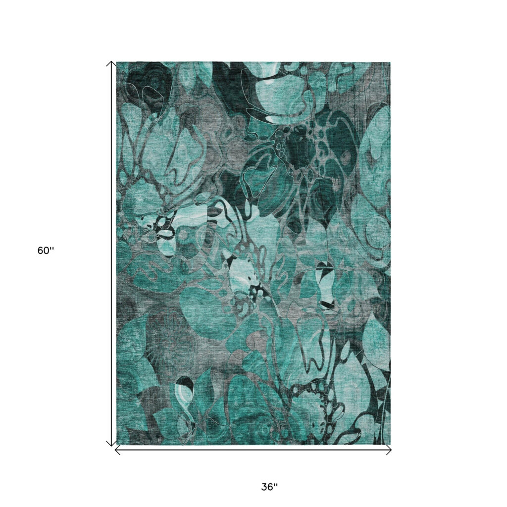 3' X 5' Teal Black and Gray Abstract Washable Indoor Outdoor Area Rug