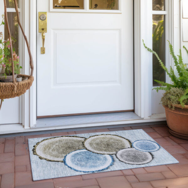 2' X 3' Blue Gold and Gray Faux Bois Washable Non Skid Indoor Outdoor Area Rug
