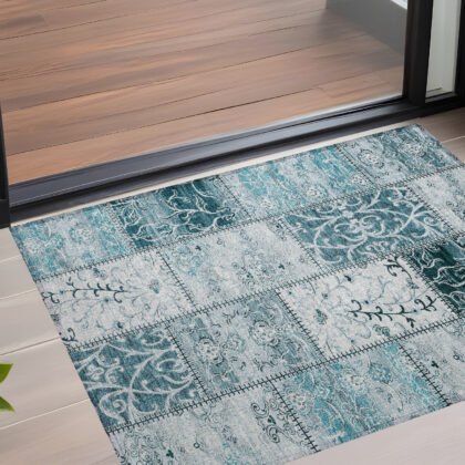 2' X 3' Teal Patchwork Washable Non Skid Indoor Outdoor Area Rug