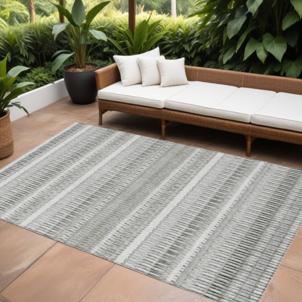 8' X 10' Ivory Gray And Taupe Striped Washable Indoor Outdoor Area Rug