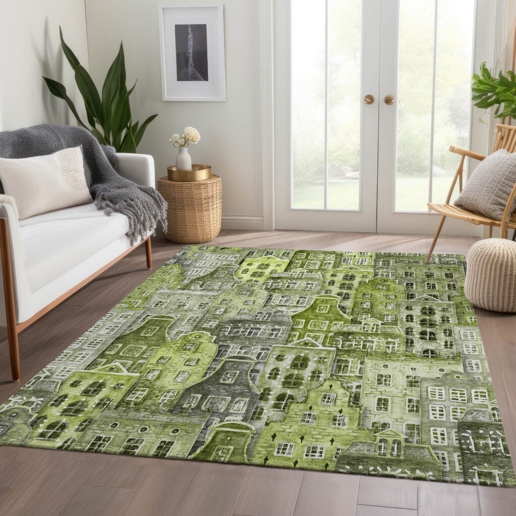 5' X 8' Green And Lime Green Village Houses Washable Indoor Outdoor Area Rug