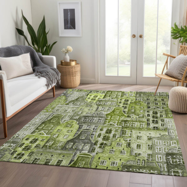 5' X 8' Green And Lime Green Village Houses Washable Indoor Outdoor Area Rug