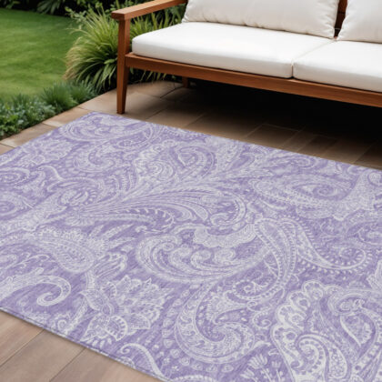 9' X 12' Lavender Purple And Ivory Paisley Washable Indoor Outdoor Area Rug
