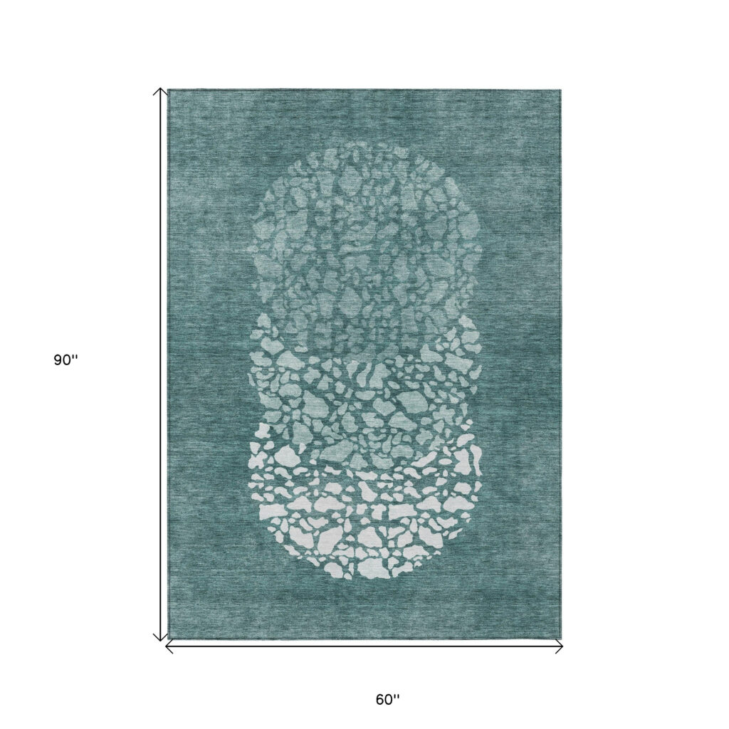 5' X 8' Dark Green Aqua And Ivory Abstract Washable Indoor Outdoor Area Rug