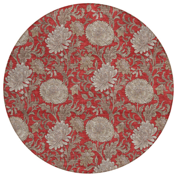 8' Red Taupe And Beige Round Floral Washable Indoor Outdoor Area Rug