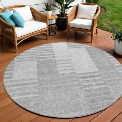 8' Silver Gray And Ivory Round Striped Washable Indoor Outdoor Area Rug