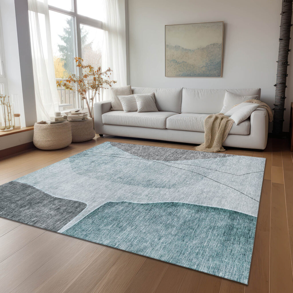 5' X 8' Teal Blue Aqua And Gray Abstract Washable Indoor Outdoor Area Rug