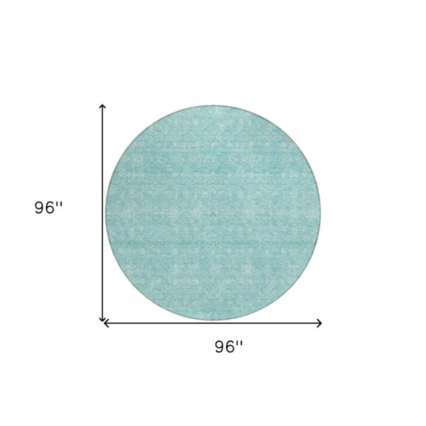 8' Aqua And Ivory Round Floral Washable Indoor Outdoor Area Rug