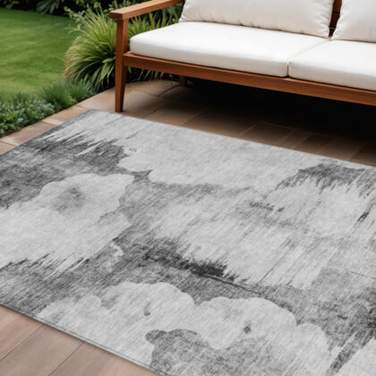 9' X 12' Gray Silver And Charcoal Abstract Washable Indoor Outdoor Area Rug