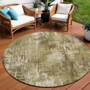 8' Brown Taupe And Ivory Round Abstract Washable Indoor Outdoor Area Rug