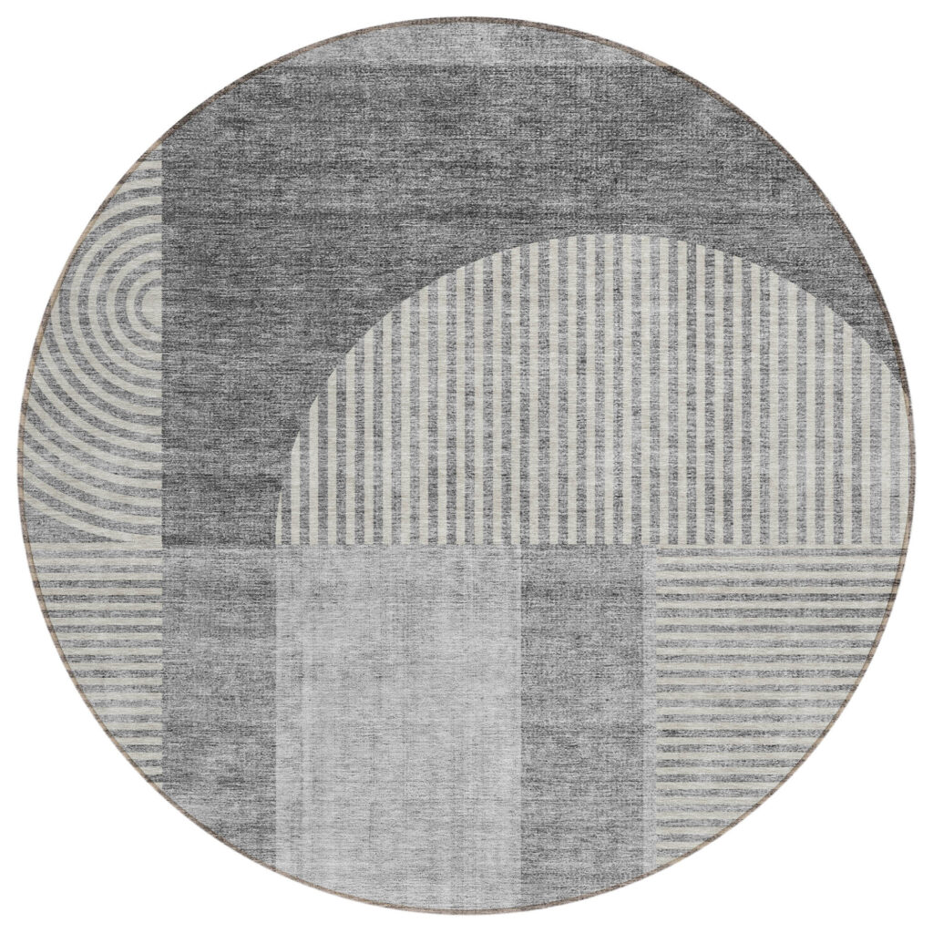 8' Gray Silver And Charcoal Round Geometric Washable Indoor Outdoor Area Rug