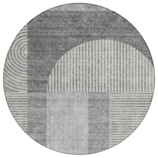 8' Gray Silver And Charcoal Round Geometric Washable Indoor Outdoor Area Rug