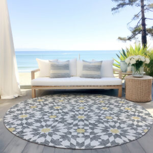 8' Gray Ivory And Gold Round Floral Medallion Washable Indoor Outdoor Area Rug