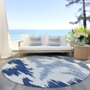 8' Navy Blue And Denim Blue Round Abstract Washable Indoor Outdoor Area Rug