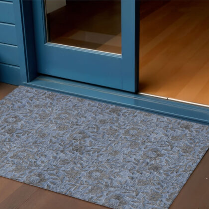 3' X 5' Blue Gray And Charcoal Floral Washable Indoor Outdoor Area Rug