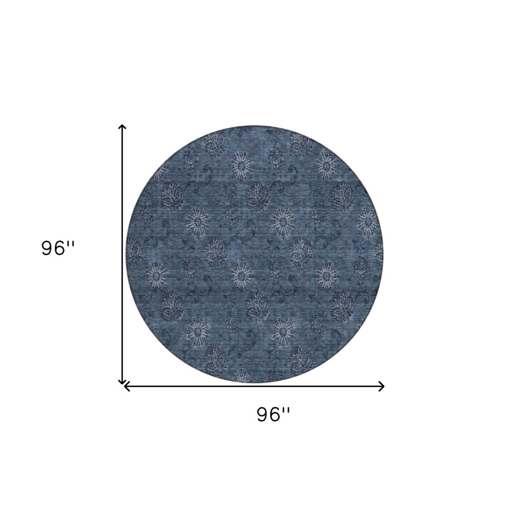 8' Blue And Navy Blue Round Floral Washable Indoor Outdoor Area Rug
