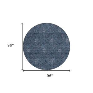 8' Blue And Navy Blue Round Floral Washable Indoor Outdoor Area Rug