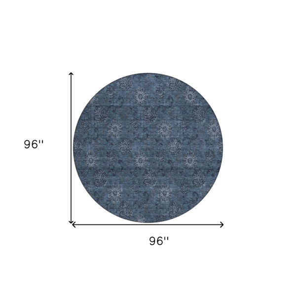 8' Blue And Navy Blue Round Floral Washable Indoor Outdoor Area Rug