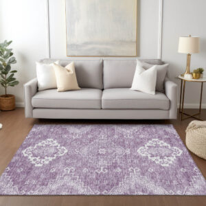 8' X 10' Lavender Plum And Ivory Medallion Washable Indoor Outdoor Area Rug
