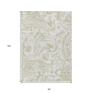 8' X 10' Beige Tan And Ivory Paisley Washable Indoor Outdoor Area Rug