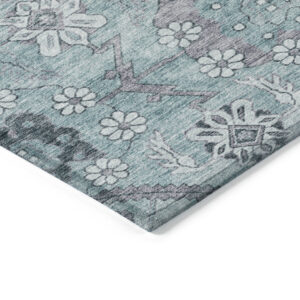 3' X 5' Teal Blue Aqua And Gray Floral Washable Indoor Outdoor Area Rug