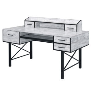 59" Antiqued White and Black Computer Desk With Five Drawers