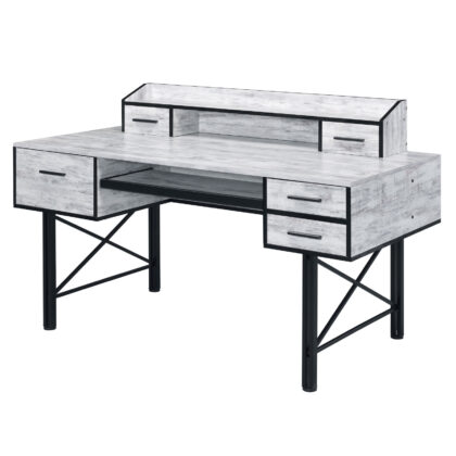 59" Antiqued White and Black Computer Desk With Five Drawers