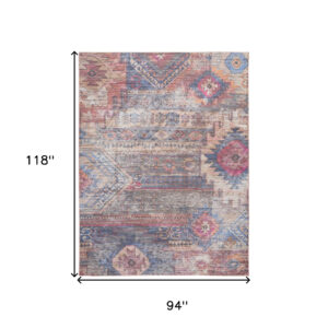 8' x 10' Blue and Red Geometric Power Loom Distressed Washable Area Rug
