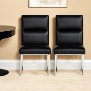 Set of Two Tufted Black And Silver Upholstered Faux Leather Dining Side Chairs