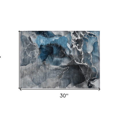 2' X 3' Ivory Blue and Gray Abstract Washable Non Skid Indoor Outdoor Area Rug