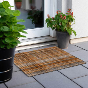 2' X 3' Orange Brown and Gray Plaid Washable Non Skid Indoor Outdoor Area Rug