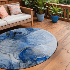 8' Round Ivory Blue and Gray Round Abstract Washable Non Skid Indoor Outdoor Area Rug