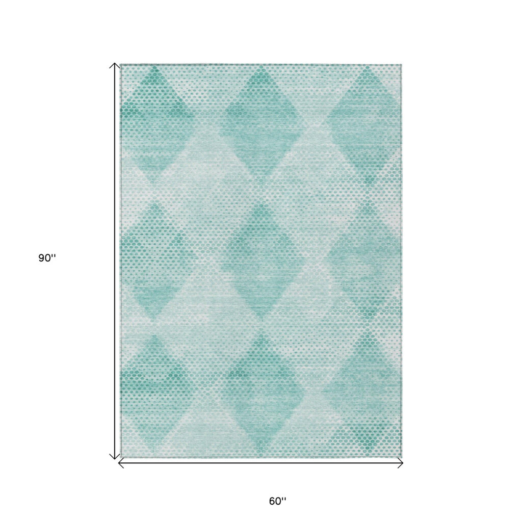 5' X 8' Teal Geometric Washable Non Skid Indoor Outdoor Area Rug