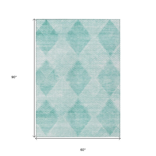 5' X 8' Teal Geometric Washable Non Skid Indoor Outdoor Area Rug