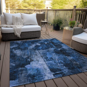 8' X 10' Navy Blue Floral Washable Non Skid Indoor Outdoor Area Rug