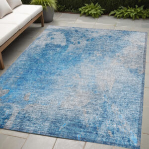 5' X 8' Blue and Gray Abstract Washable Non Skid Indoor Outdoor Area Rug