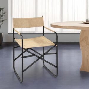 Cream And Black Leather Metal Open Back Dining Arm Chair