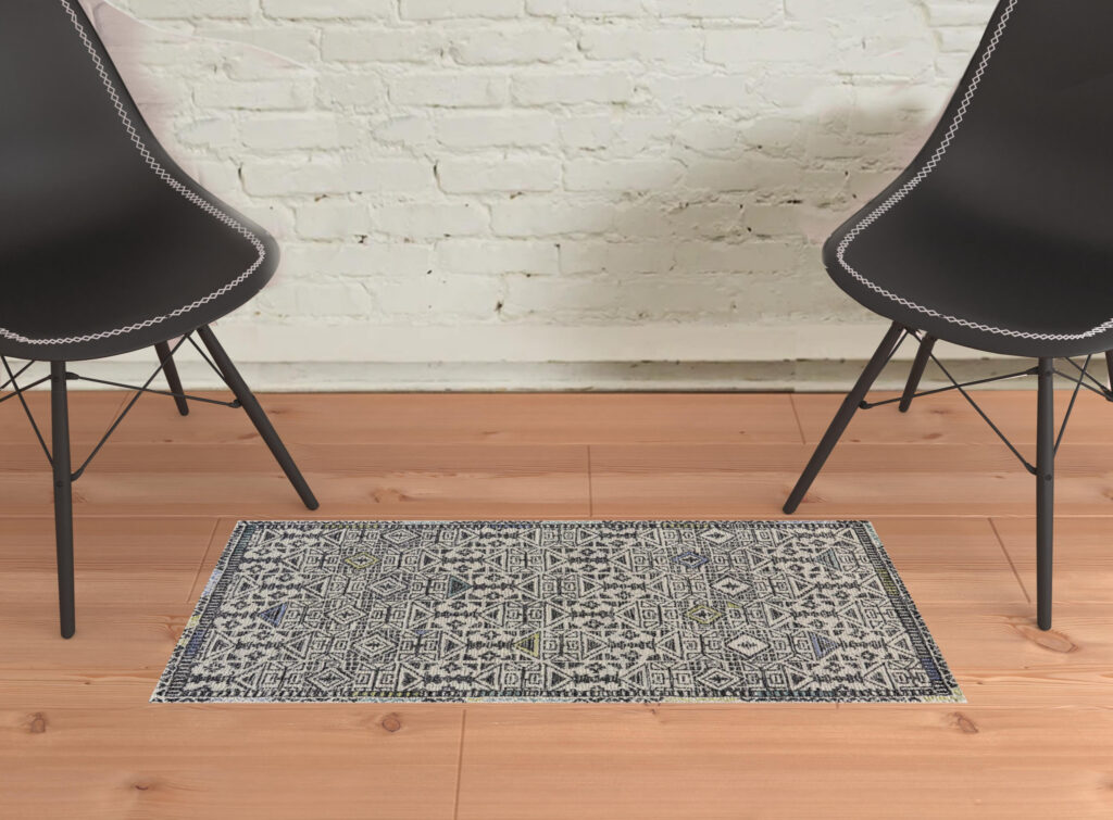 2' X 3' Gray Ivory And Black Wool Geometric Tufted Handmade Area Rug