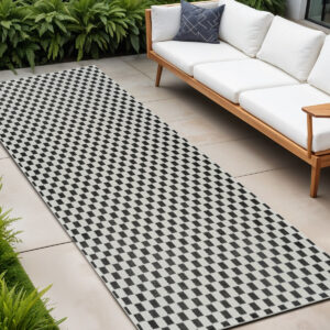 10' Black and White Geometric Distressed Indoor Outdoor Runner Rug