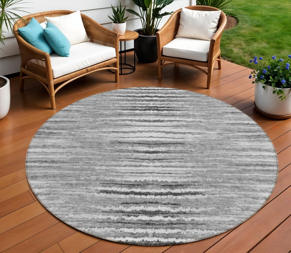 8' Silver Gray And Charcoal Round Striped Washable Indoor Outdoor Area Rug