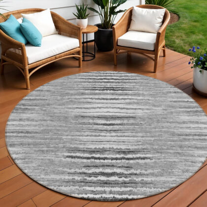 8' Silver Gray And Charcoal Round Striped Washable Indoor Outdoor Area Rug