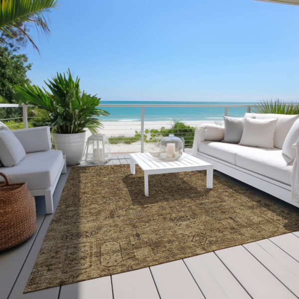 10' X 14' Brown And Taupe Floral Washable Indoor Outdoor Area Rug