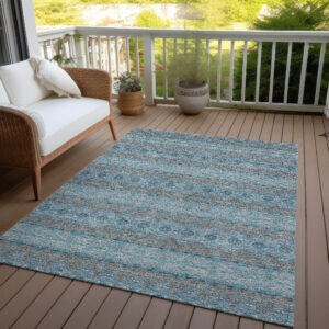 9' X 12' Teal Blue Aqua And Gray Floral Medallion Washable Indoor Outdoor Area Rug