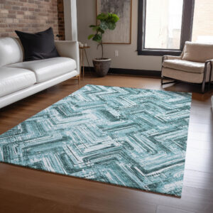 3' X 5' Teal Blue Aqua And Ivory Geometric Washable Indoor Outdoor Area Rug