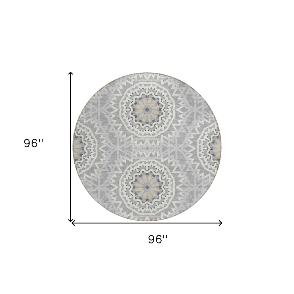 8' Gray Silver And Ivory Round Floral Medallion Washable Indoor Outdoor Area Rug