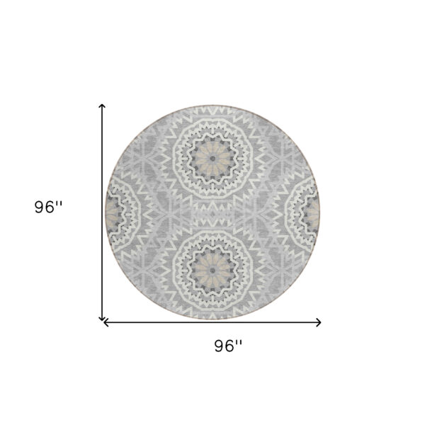 8' Gray Silver And Ivory Round Floral Medallion Washable Indoor Outdoor Area Rug