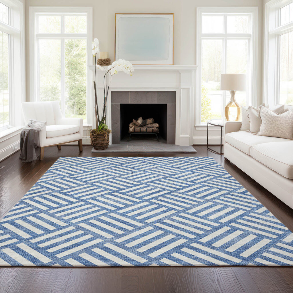 10' X 14' Blue And Ivory Geometric Washable Indoor Outdoor Area Rug