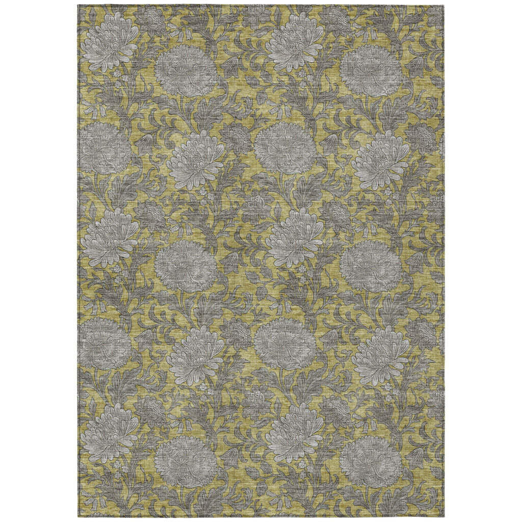 3' X 5' Gold Gray And Charcoal Floral Washable Indoor Outdoor Area Rug