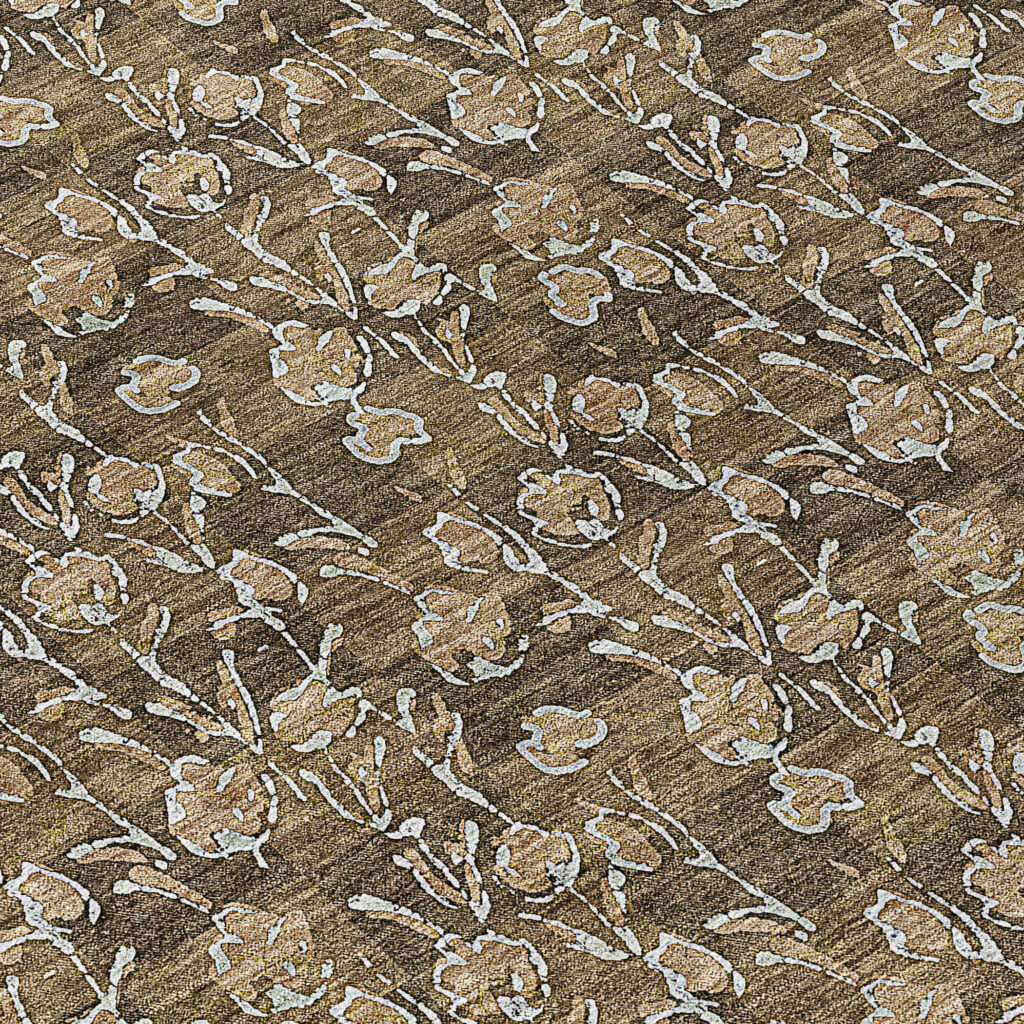 9' X 12' Brown And Ivory Floral Washable Indoor Outdoor Area Rug